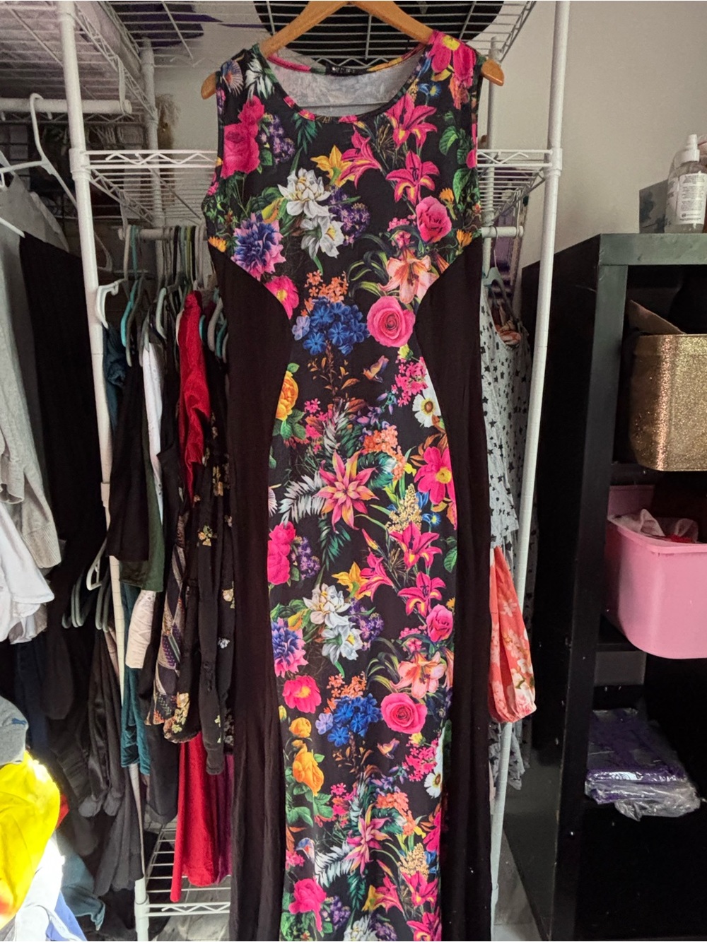 Club L London Black Maxi Dress with Bright Pink & Multicolor Floral Panel